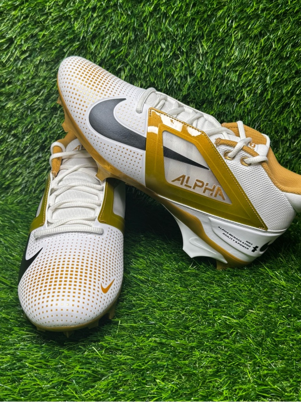 Size 13 -  Mens Nike Alpha Menace 4 Pro Football Cleats White Gold - FD7037-105